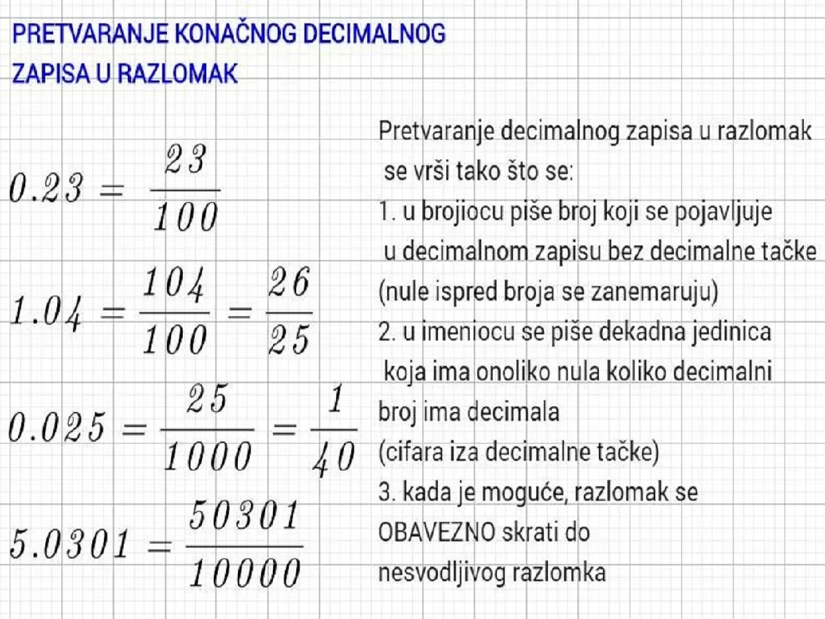 Primeri prevođenja sa dve i tri decimale u razlomak