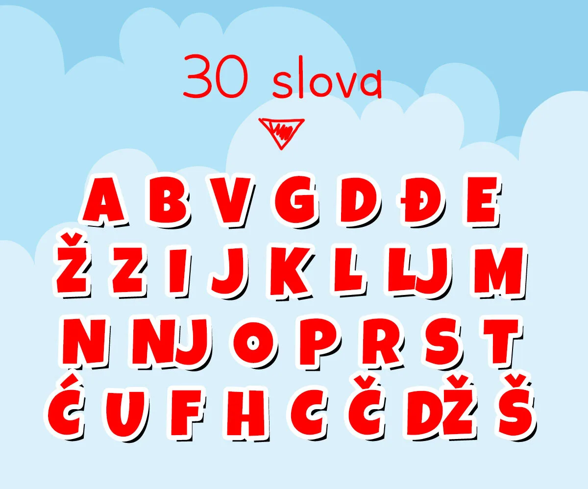 Trideset slova kao znakovi za glasove srpskog jezika