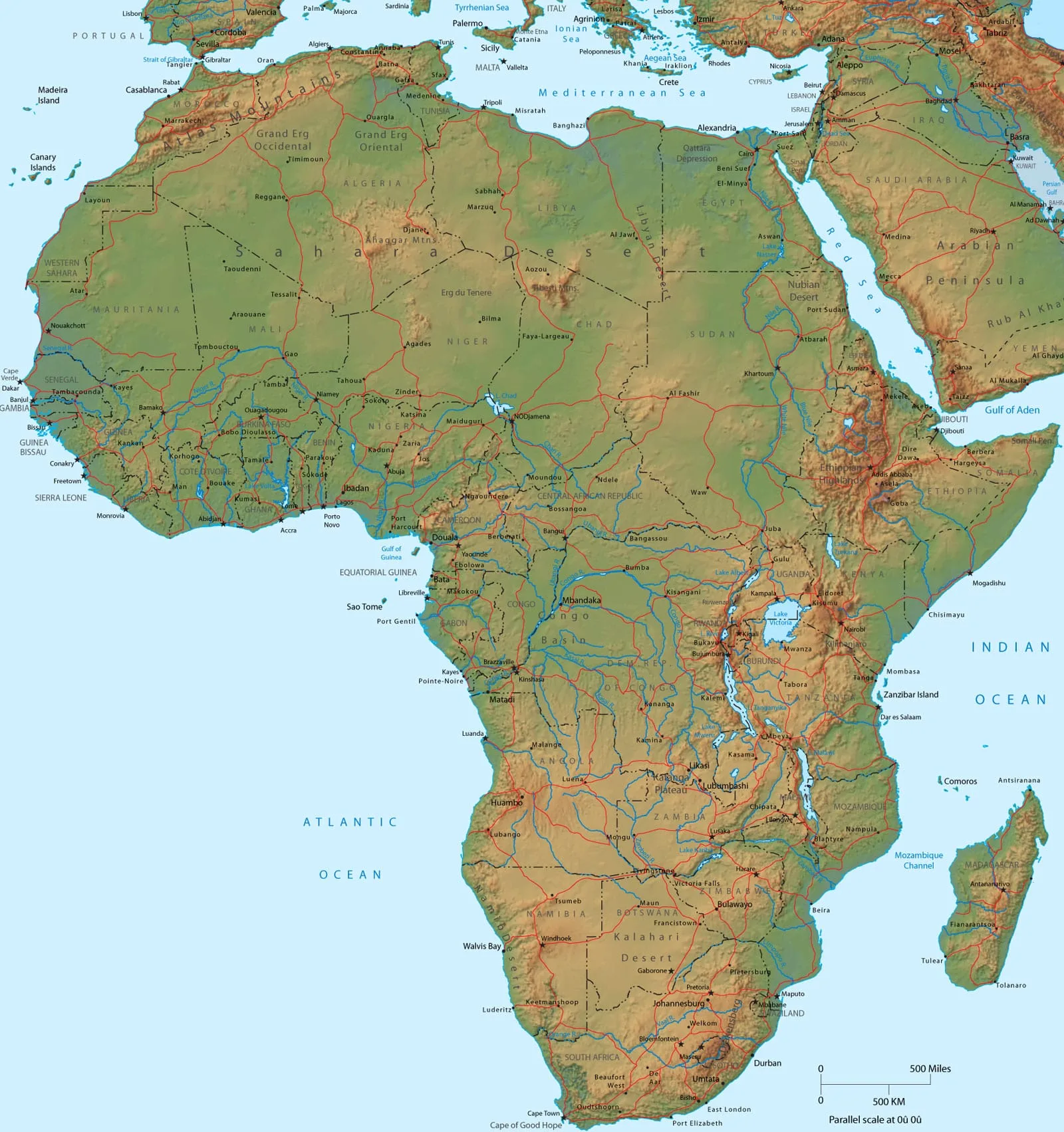 Fizička karta Afrike sa reljefnim rekordima