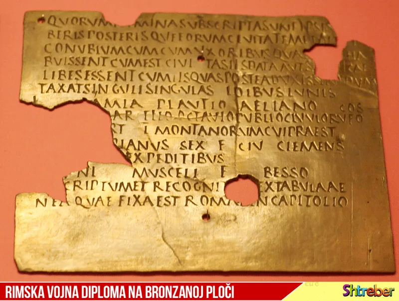 Rimska vojna diploma na bronzanoj ploči — pisani izvor sa tekstom