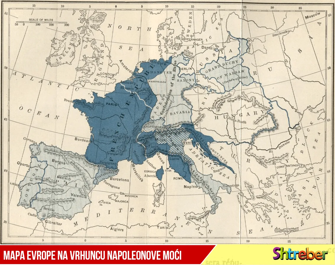 Mapa Evrope na vrhuncu Napoleonove moći