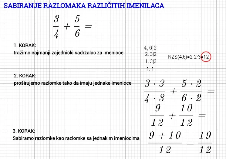 Sabiranje razlomaka sa različitim imeniocima